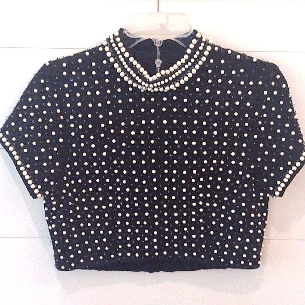 SOLD  crop top black mock neck with pearls UK
